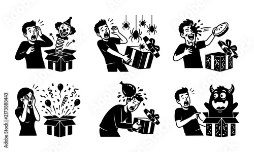 Bild auf Leinwand Surprise Gift Box Vector Icons Set: Shocked People, Jack-in-the-Box, Spiders, Mo