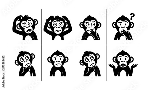 Photography Set of 8 Expressive Monkey Icons, Funny Primate Faces, Cartoon Animal Emotions,