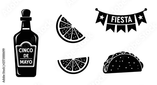 Cinco de mayo celebration icons with tequila bottle lime wedges taco with white icons representing set black white with including, Mexican, Graphic
