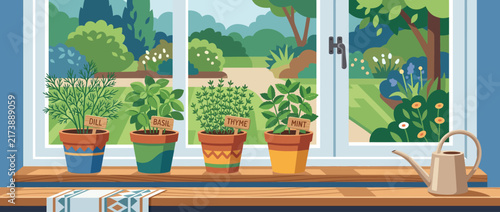 Indoor Potted Plants on Windowsill with Garden View.