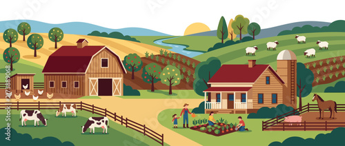 Cartoon farm landscape with animals and farmers working in the field.