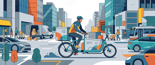 Courier riding cargo bike through busy city street for delivery.