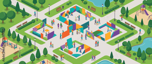 Isometric Outdoor Maze Puzzle with People Walking.