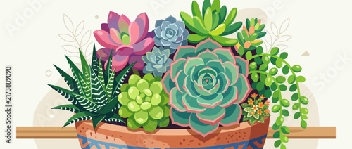 Colorful succulent plants arrangement in decorative pot.