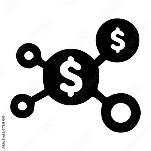 A central dollar node connected to multiple surrounding branch points, representing decentral financial networks and capital distribution hubs.