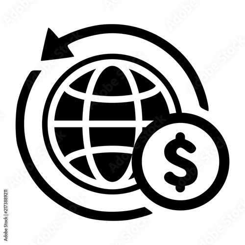 A global earth globe wrapped in circular transaction arrows with a dollar coin, representing international wire transfers and global money trade.