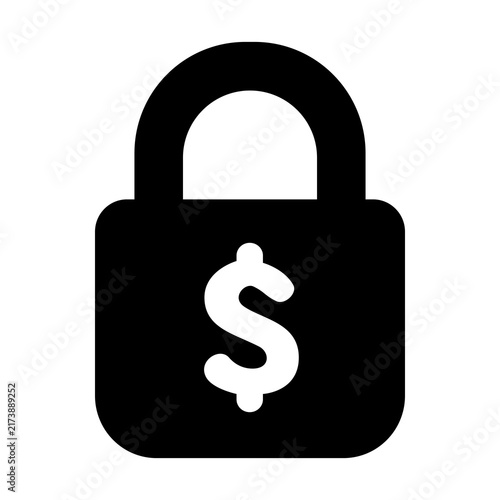A solid heavy padlock silhouette carrying an embossed central dollar currency symbol, representing encrypted asset safety and locked bank accounts.