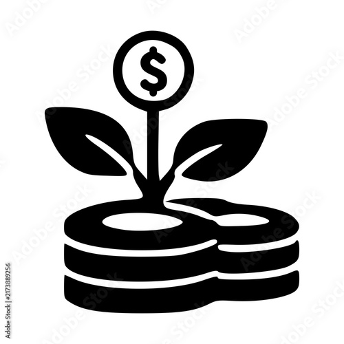 Stacks of coins supporting a growing plant seedling topped with a shiny dollar coin, representing long-term compound gains and asset investments.