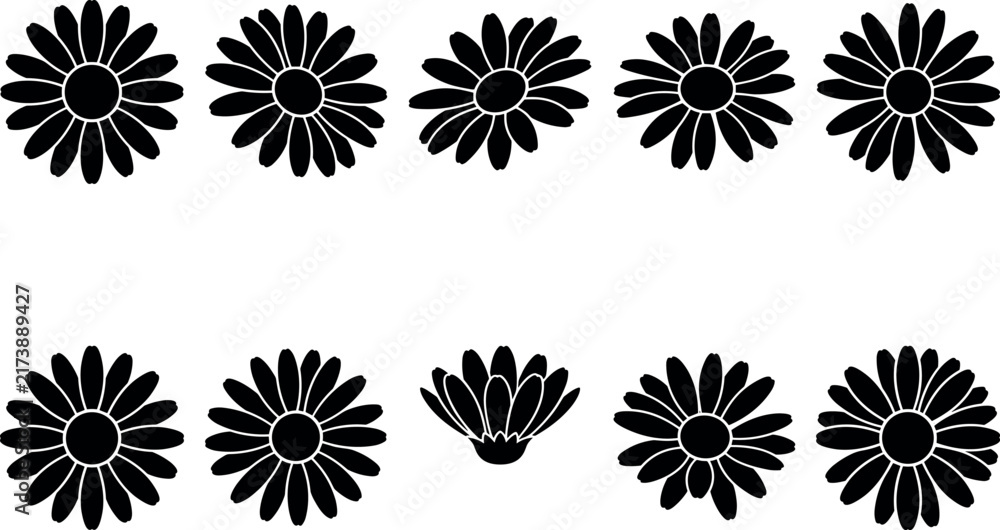 Obraz premium Black Daisy Silhouette Icon Set with Elegant Chamomile Flower Stencils and Minimalist Blossom Shapes for Spring Patterns, Tattoos, Badges, and Creative Graphic Illustrations