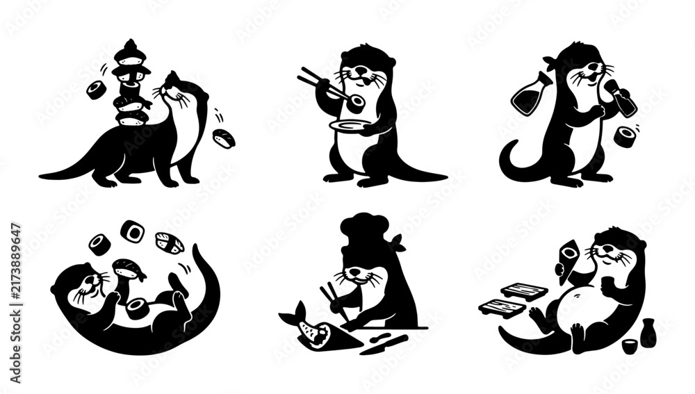 Obraz premium Cute Otter Sushi Chef Vector Icons Set, Whimsical Aquatic Animal Illustrations for Culinary Branding and Foodie Designs
