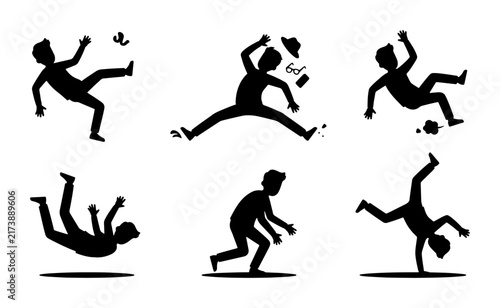 Accident Silhouettes, Falling People Icons, Danger Poses, Slip Hazard Vector Set, Human Motion Illustration