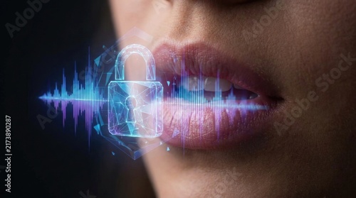 Human mouth speaking, demonstrating biometrics security scanning, visualizing digital voice print validation, padlock hologram safeguarding personal communication data, cybersecurity system.