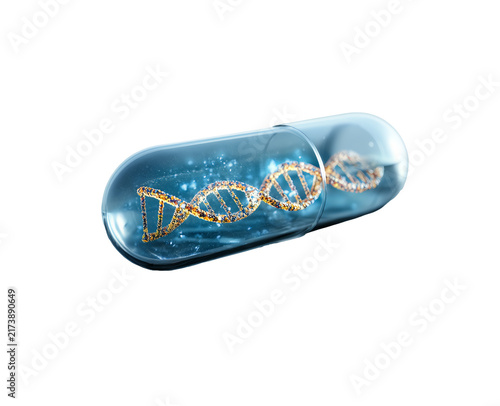Transparent medical capsule with glowing DNA helix on alpha background