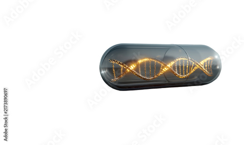 Transparent medical capsule with glowing DNA helix on alpha background