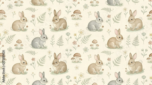 Cute watercolor bunny seamless pattern, adorable rabbits with mushrooms and foliage on a light background, perfect for baby textiles, nursery decor, and Easter designs