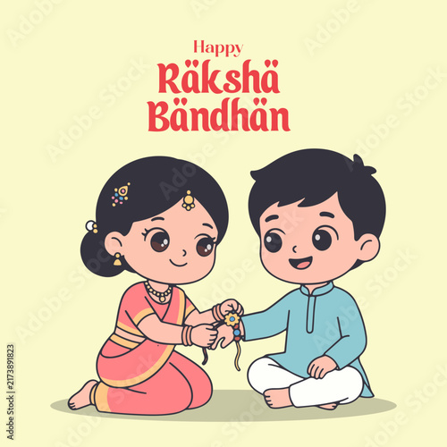 Happy Raksha Bandhan Cute Sister and Brother Tying Rakhi Vector Illustration