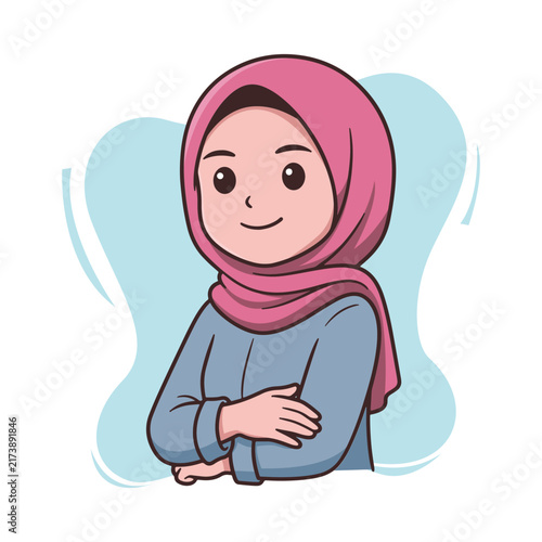 Cute Smiling Muslim Woman Wearing Pink Hijab Vector Illustration