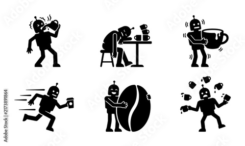 Canvas Print Coffee Break Icons: Tired Robot, Running with Coffee, Juggling Beans, Exhausted