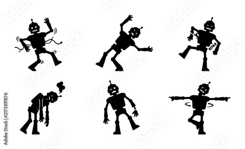 Retro Robot Silhouettes, Vintage Android Poses, Sci-Fi Character Expressions, Animated Machine Movements, Black and White Vector Icons