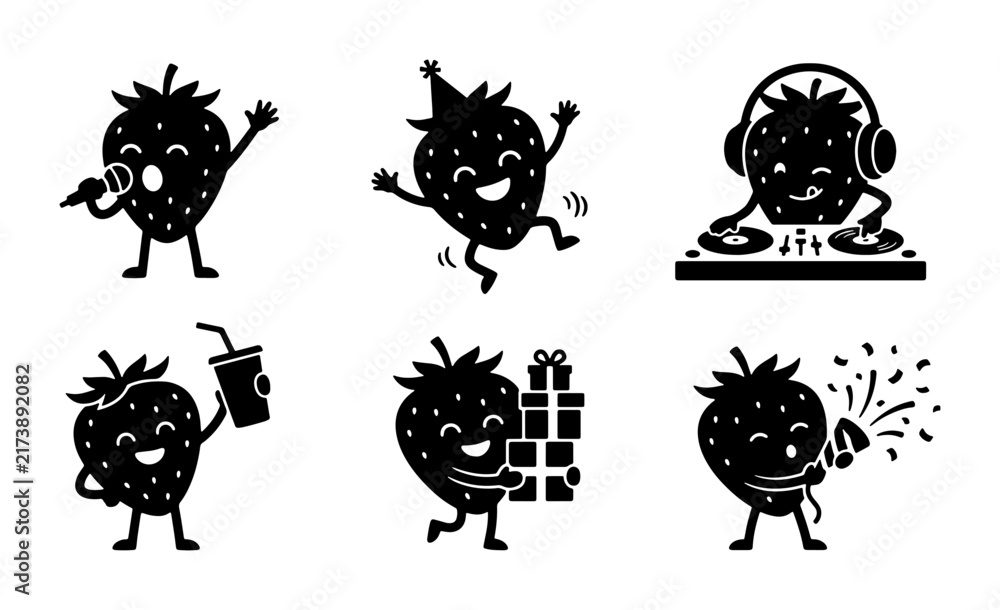 Fototapeta premium Set of 6 Happy Strawberry Characters, Vector Icons: Singing, Dancing, DJ, Party, Gifts, Celebration | Cute Fruit Emoticons for Food & Beverage Marketing