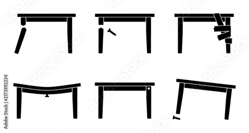 Damaged Furniture Icons Set, Broken Table Vector Graphics, Worn Furniture Illustrations, Furniture Repair Concepts, Household Objects