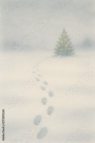 Footprints in snow leading to a glowing Christmas tree in winter mist in nostalgic watercolor style. generated by AI.