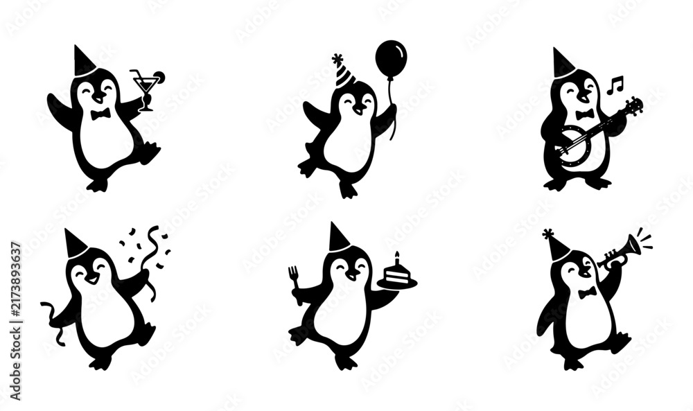 Obraz premium Cute Penguin Party Icons Set, Whimsical Animal Vector Graphics for Celebrations, Festive Penguin Characters with Hats and Balloons