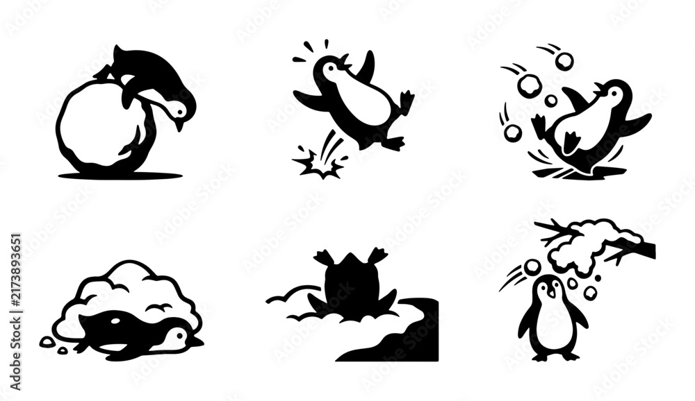 Obraz premium Playful Penguin Vector Icons Set, Cute Animal Illustrations, Winter Fun Graphics, Cartoon Character Actions, Black and White Graphics