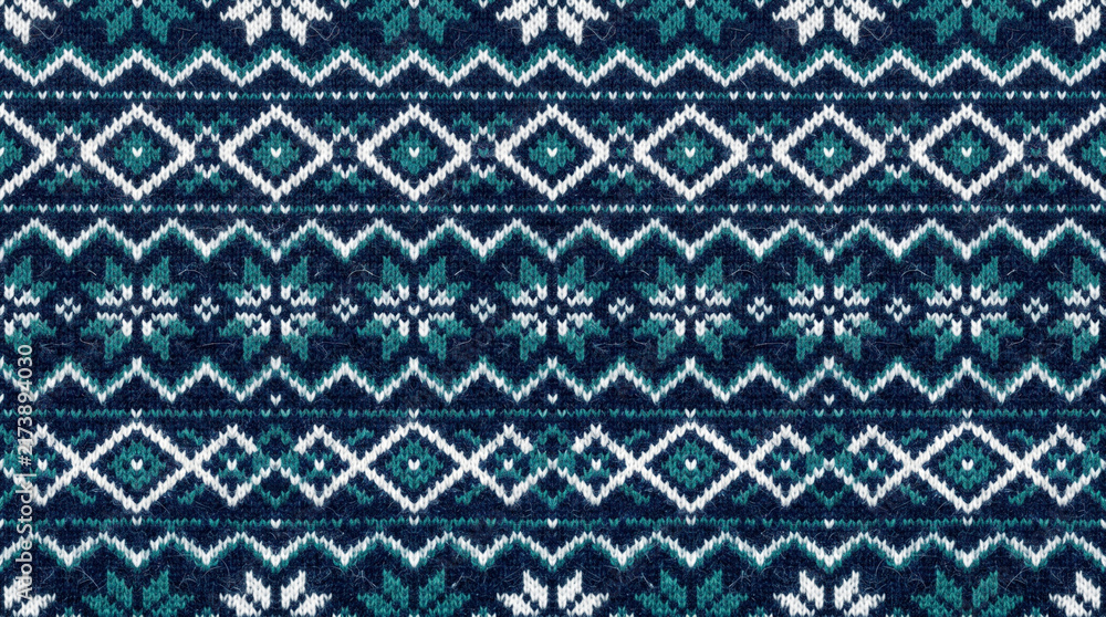 Intricate dark blue nordic pattern with geometric shapes and snowflake motifs