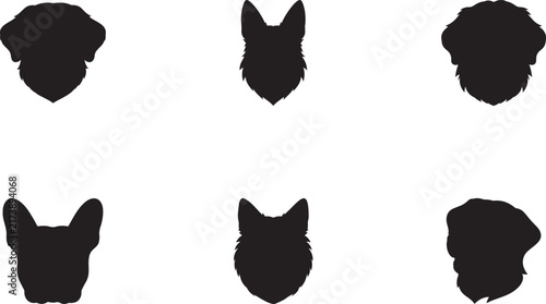 Dog Head Silhouette Collection, Set of Unique Canine Profile and Front-Facing Black Pet Icons on White Background, Minimalist Puppy and Dog Breed Head Shapes, Isolated Animal Vector Style Design