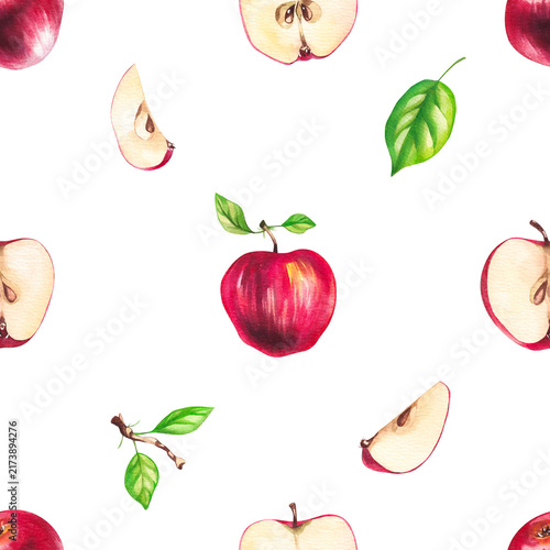 Apples with leaves and branches isolated on white. Hand-painted watercolor fruit and botanical elements for food packaging, textile, fabric, menu, branding and design.