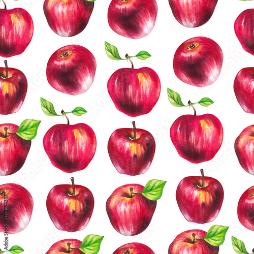 Apples with leaves and branches isolated on white. Hand-painted watercolor fruit and botanical elements for food packaging, textile, fabric, menu, branding and design.