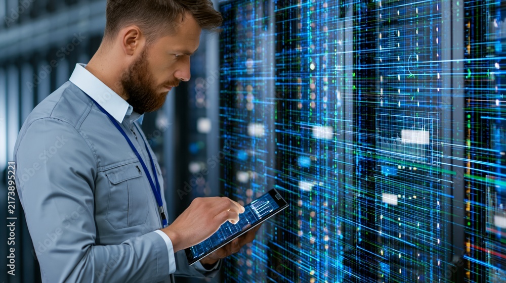Fototapeta premium A security and financial expert inspecting systems and analyzing risks in a server room