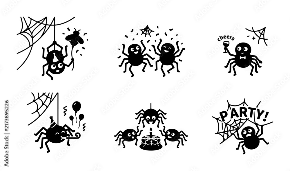 Fototapeta premium Cute Halloween Spider Vector Icons Set, Spooky Party Graphics, Black and White Cartoon Arachnid Illustrations for Holiday Design