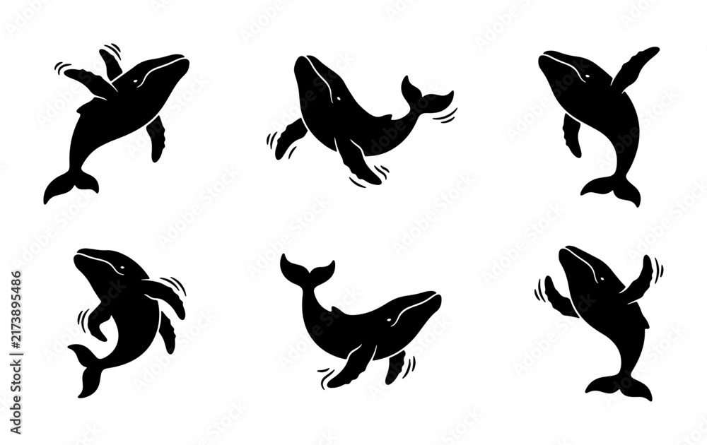 Obraz premium Whale Silhouette Collection, Marine Mammal Vector Icons, Aquatic Wildlife Graphics, Ocean Creature Set, Black and White Animal Illustrations