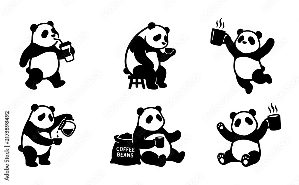 Obraz premium Cute Panda Vector Icons Set: Adorable Animals Enjoying Coffee and Drinks, Kawaii Style Illustrations for Branding and Design