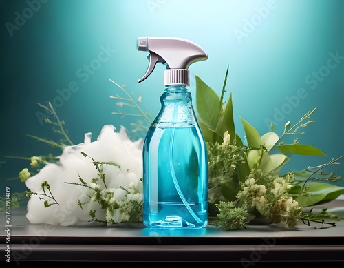 Eco friendly spray bottle cleaner mockup with green leaves and soap foam on turquoise background