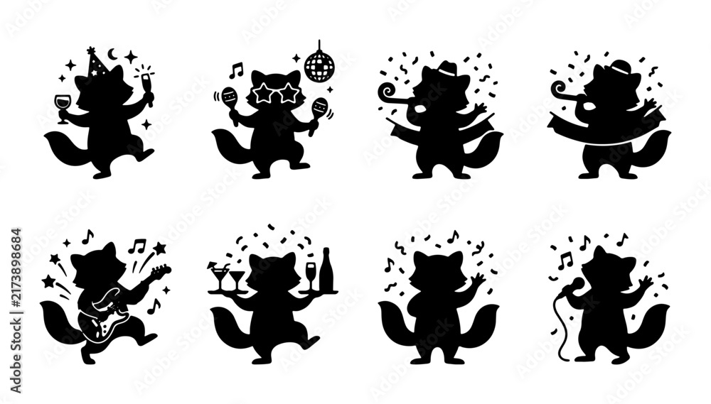 Obraz premium Party Raccoon Silhouettes: Celebration, Music, Dancing, Drinking, 8 Vector Icons for Festive Designs