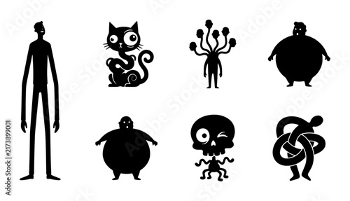 Whimsical Silhouette Characters Collection: Spooky Cat, Tall Man, Blob Monsters, Winking Skull, Abstract Figure, Alien Creature Vector Icons