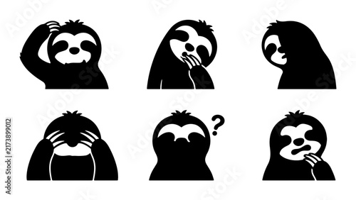 Sloth Emoticons Vector Set, Cute Animal Expressions, Black and White Icons, Funny Mammal Emotions, Graphic Elements for Design