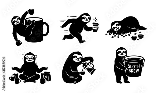 Sloth Coffee Icons Set, Cute Animal Vector Graphics for Cafe Branding, Funny Mammal Illustrations for Merchandise and Lifestyle Designs