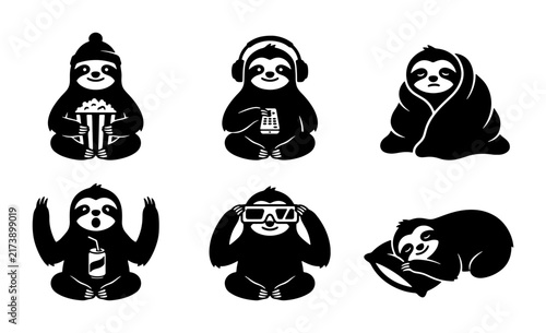 Cute Sloth Icons Set, Vector Graphics for Relaxed Lifestyle, Cozy Animals, Leisure Activities, Black and White Illustrations