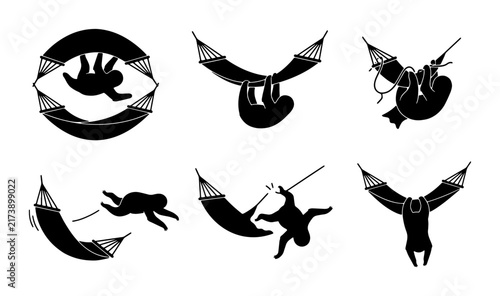 Sloth Silhouette Collection, Relaxing Hammock Poses, Tropical Wildlife Vector Icons, Cute Animal Graphics for Leisure and Nature Themes