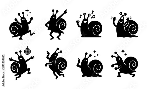 Joyful Dancing Snail Vector Icons Set, Whimsical Character Illustrations, Fun Party Animals Collection, Black Silhouettes on White Background