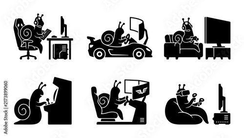 Snail Gamer Icons Set, Vector Silhouettes of Snails Playing Video Games, Gaming Lifestyle Collection, Digital Entertainment and Leisure Activities