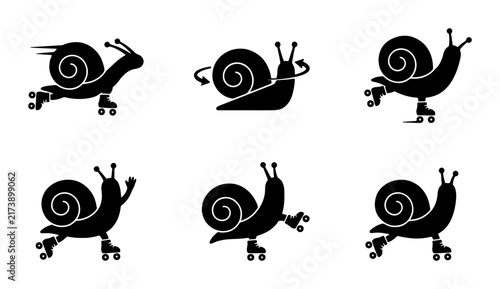 Six Silhouettes of Snails on Roller Skates, Dynamic Poses, Speed and Movement Icons, Black and White Vector Set for Business Concepts