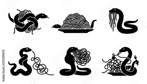Whimsical Snake Spaghetti Icons, Playful Serpent Food Illustrations, Humorous Reptile Meal Graphics, Black and White Vector Set
