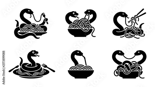 Six Black Silhouette Icons of Snakes Eating Noodles, Vector Set for Food and Animal Concepts