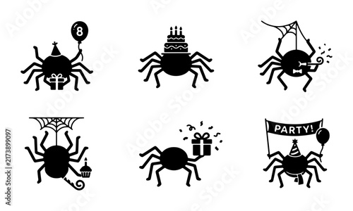 Cute Spider Birthday Party Icons Set, Vector Illustrations for Celebrations, Halloween, and Kids' Events, Black and White Graphics