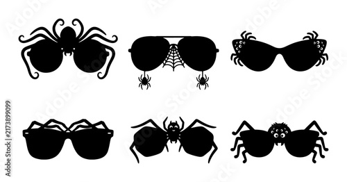 Spooky Spider Sunglasses Vector Icons, Halloween Party Eyewear Silhouettes, Creepy Arachnid Accessory Graphics, Dark Themed Graphic Elements
